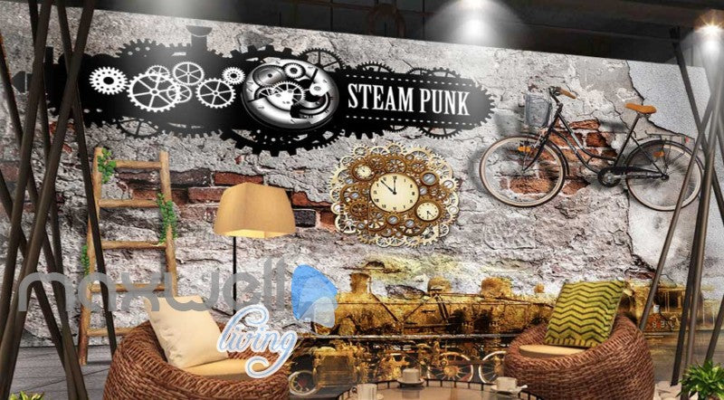 Damage Wall With Bicycle And Steam Punk Sign Art Wall Murals Wallpaper Decals Prints Decor IDCWP-JB-000239