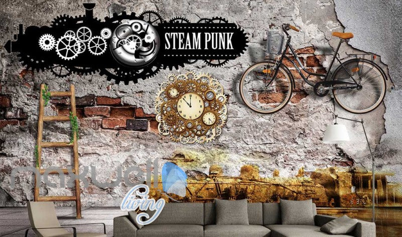 Damage Wall With Bicycle And Steam Punk Sign Art Wall Murals Wallpaper Decals Prints Decor IDCWP-JB-000239