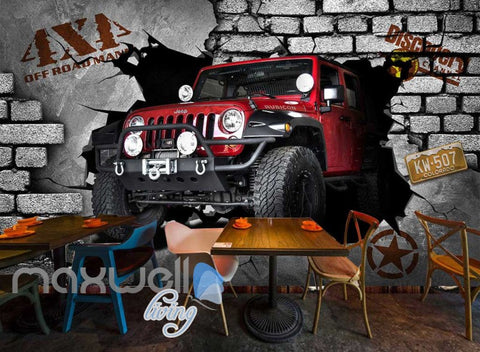 Image of 3D 4X4 Jeep Car Breakthrough Brick Wall Art Wall Murals Wallpaper Decals Prints Decor IDCWP-JB-000249