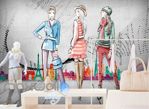 Image of Drawing Of Iconinc Places In Europe With 3 Women Art Wall Murals Wallpaper Decals Prints Decor IDCWP-JB-000265