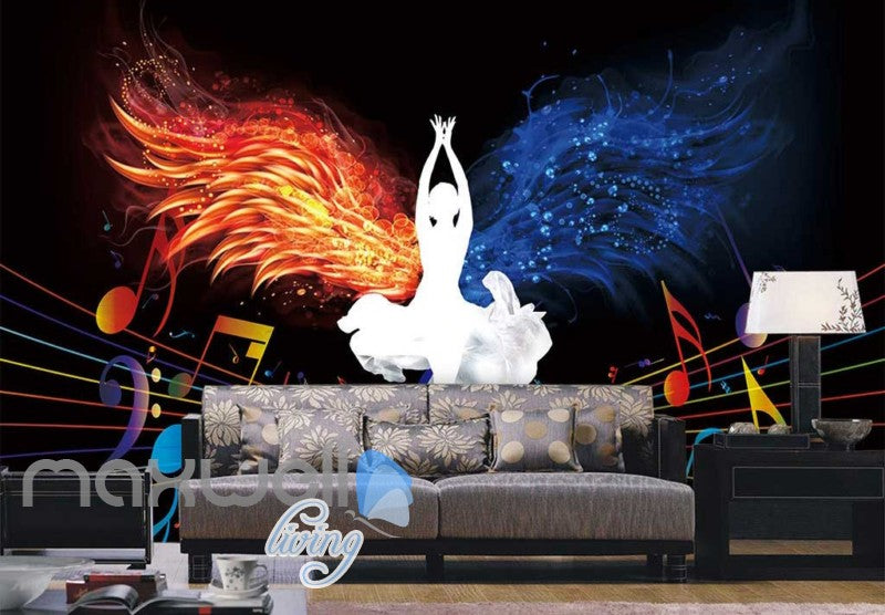 White Silohuette Of Woman Lotus Pose With Fire And Water Wings Art Wall Murals Wallpaper Decals Prints Decor IDCWP-JB-000267