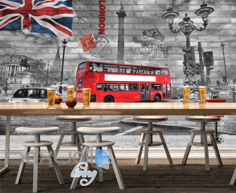 London Poster With Red Bus And Flag Art Wall Murals Wallpaper Decals Prints Decor IDCWP-JB-000281