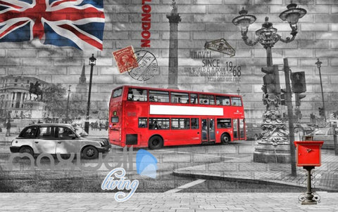 Image of London Poster With Red Bus And Flag Art Wall Murals Wallpaper Decals Prints Decor IDCWP-JB-000281