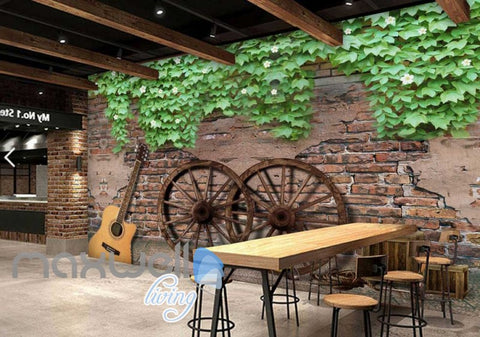 Image of Graphic Art Design Of Old Wall With Guitar And Wooden Wheels Art Wall Murals Wallpaper Decals Prints Decor IDCWP-JB-000282