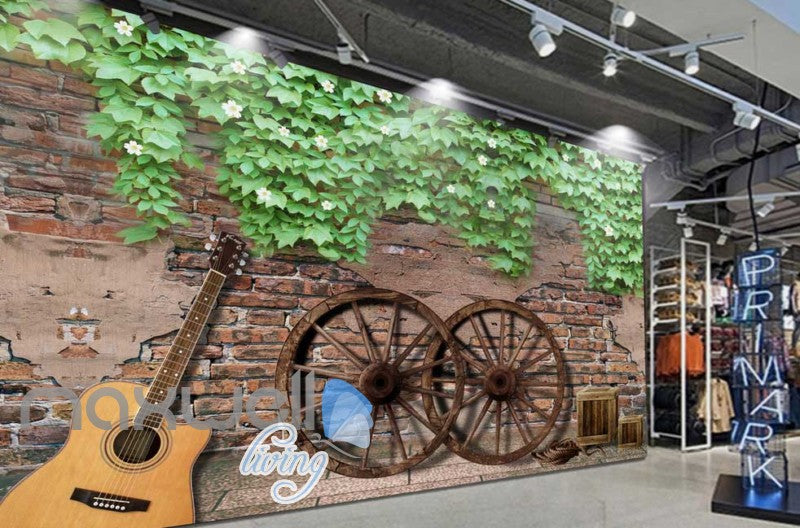 Graphic Art Design Of Old Wall With Guitar And Wooden Wheels Art Wall Murals Wallpaper Decals Prints Decor IDCWP-JB-000282
