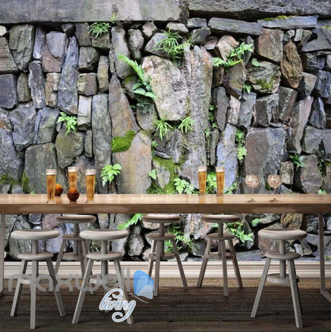 Image of Natural Stone Wall With Plants Wallpaper Art Wall Murals Wallpaper Decals Prints Decor IDCWP-JB-000332