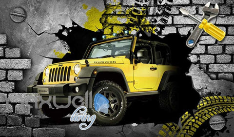Image of 3D 4X4 Jeep Car Breakthrough Brick Wall Art Wall Murals Wallpaper Decals Prints Decor IDCWP-JB-000333