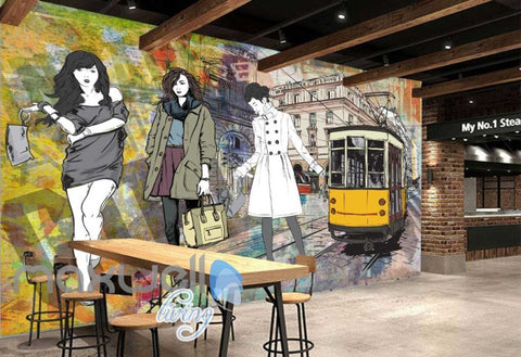 Image of Graphic Design With 3 Fashion Women And Old Tram Art Wall Murals Wallpaper Decals Prints Decor IDCWP-JB-000334