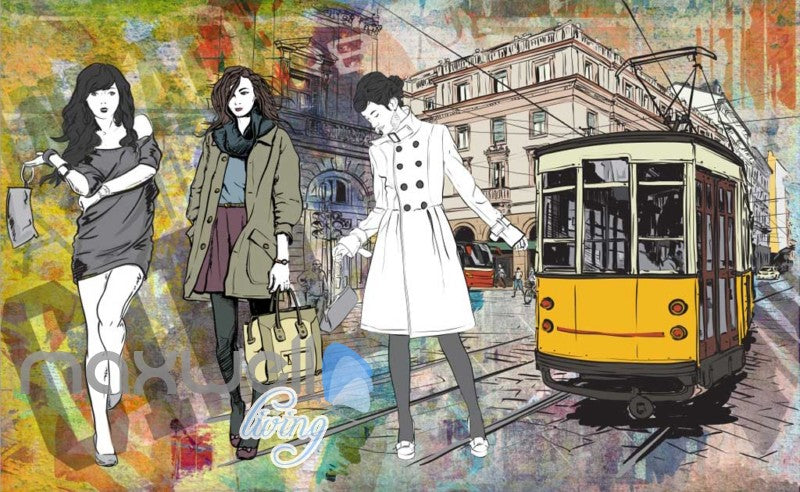 Graphic Design With 3 Fashion Women And Old Tram Art Wall Murals Wallpaper Decals Prints Decor IDCWP-JB-000334