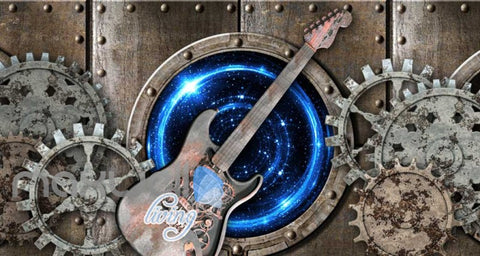 Image of Grunge Poster With Rusted Gear And Guitar Art Wall Murals Wallpaper Decals Prints Decor IDCWP-JB-000344