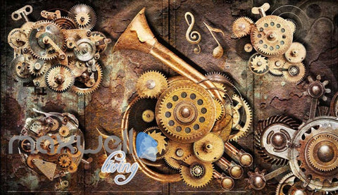Image of Grunge Poster With Gears And Old Trumpet Art Wall Murals Wallpaper Decals Prints Decor IDCWP-JB-000350