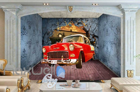 Image of 3D Old Car Breaking Through Room Wall Art Wall Murals Wallpaper Decals Prints Decor IDCWP-JB-000352