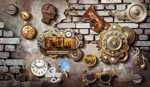 Grunge Poster With Gears Old Clocks And Trumpet In Brick Wall Art Wall Murals Wallpaper Decals Prints Decor IDCWP-JB-000356