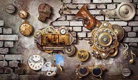 Image of Grunge Poster With Gears Old Clocks And Trumpet In Brick Wall Art Wall Murals Wallpaper Decals Prints Decor IDCWP-JB-000356