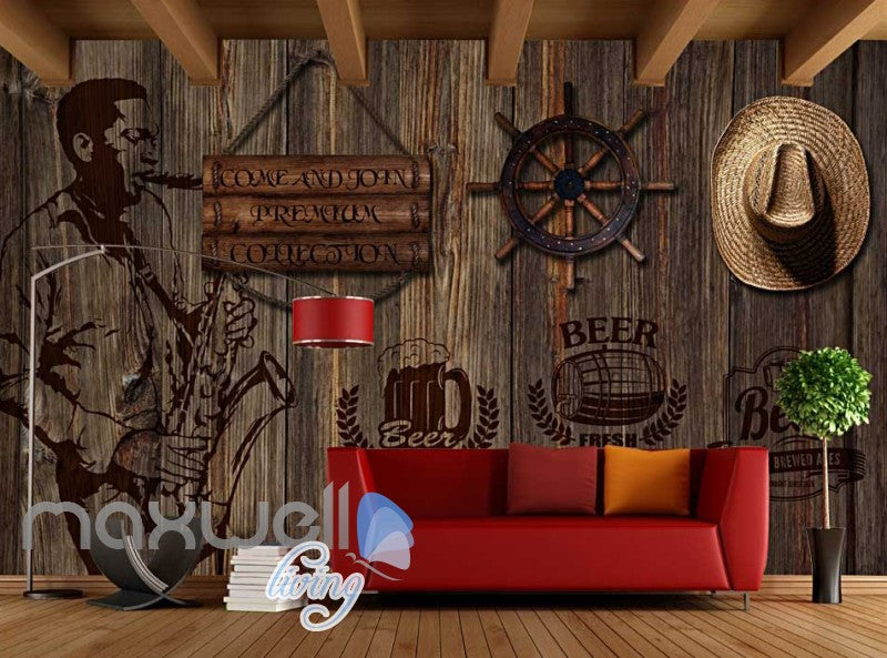 Country Style Poster Wooden Wall With Hat And Black Beer Sign Art Wall Murals Wallpaper Decals Prints Decor IDCWP-JB-000370