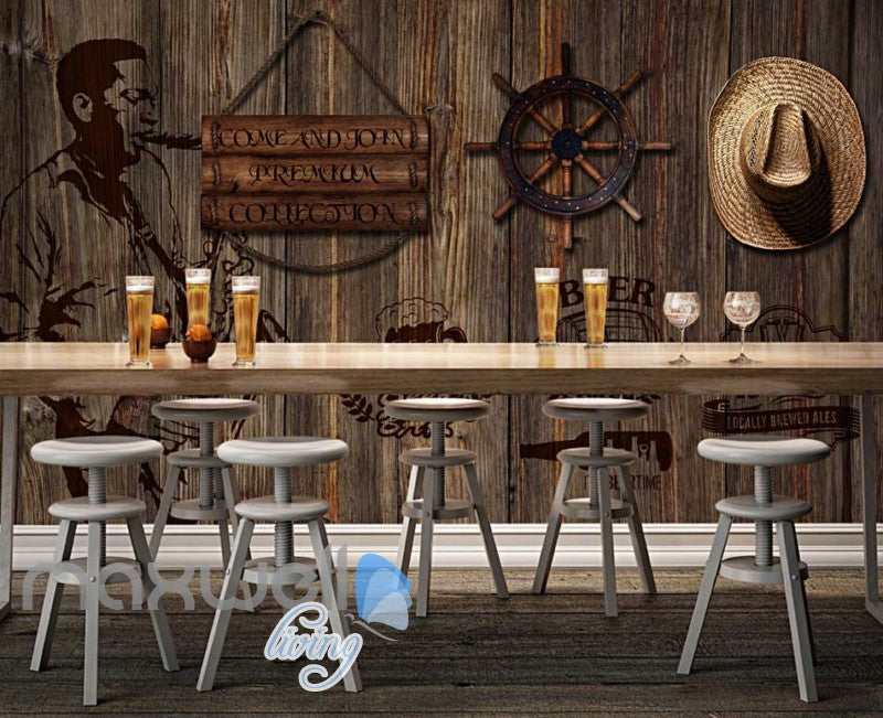 Country Style Poster Wooden Wall With Hat And Black Beer Sign Art Wall Murals Wallpaper Decals Prints Decor IDCWP-JB-000370