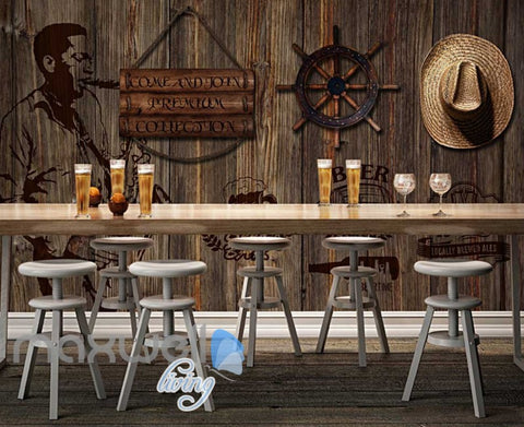 Image of Country Style Poster Wooden Wall With Hat And Black Beer Sign Art Wall Murals Wallpaper Decals Prints Decor IDCWP-JB-000370