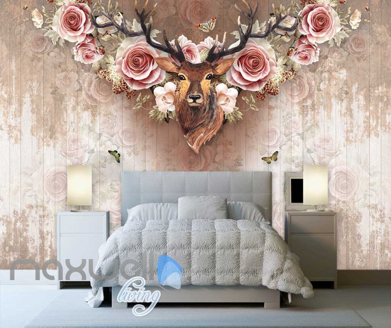 Vintage Deer Head With Roses On Wall Paper Art Wall Murals Wallpaper Decals Prints Decor IDCWP-JB-000377
