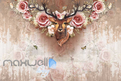 Image of Vintage Deer Head With Roses On Wall Paper Art Wall Murals Wallpaper Decals Prints Decor IDCWP-JB-000377