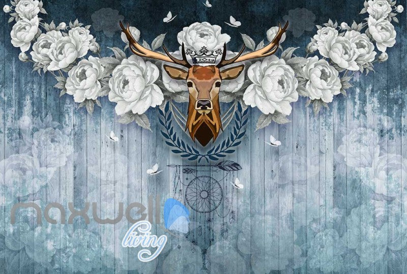 Vintage Deer Head With White Roses On Blue Wooden Wall Art Wall Murals Wallpaper Decals Prints Decor IDCWP-JB-000382