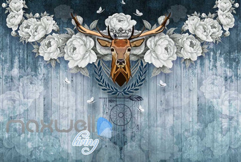 Image of Vintage Deer Head With White Roses On Blue Wooden Wall Art Wall Murals Wallpaper Decals Prints Decor IDCWP-JB-000382