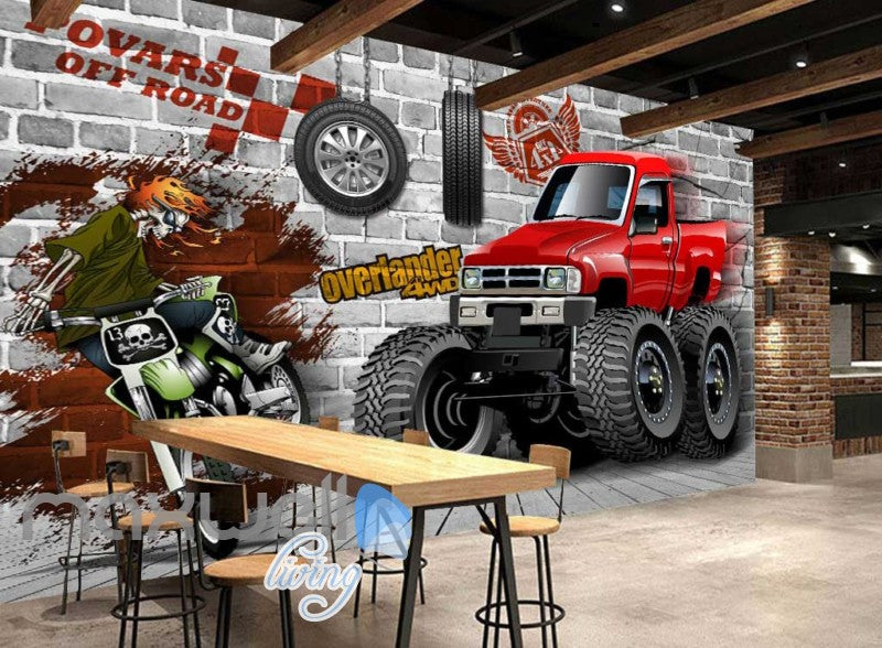 Graphic Design Truck And Motorbike Breaking Through Wall Art Wall Murals Wallpaper Decals Prints Decor IDCWP-JB-000383