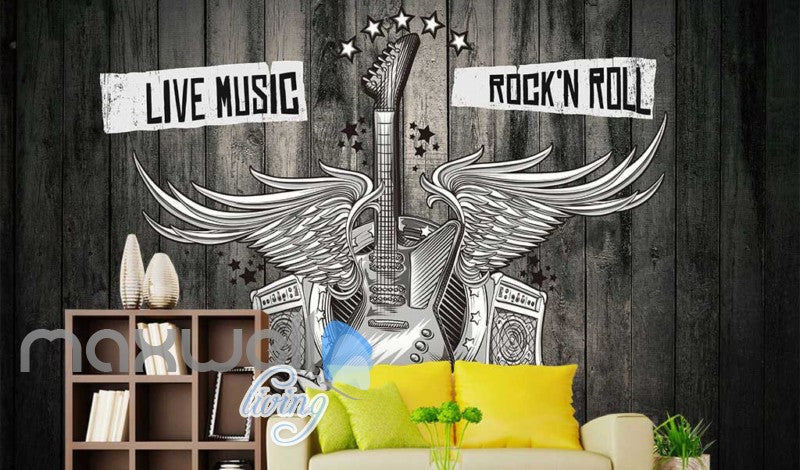 Black And White Poster Of A Guitar With Wings Art Wall Murals Wallpaper Decals Prints Decor IDCWP-JB-000392