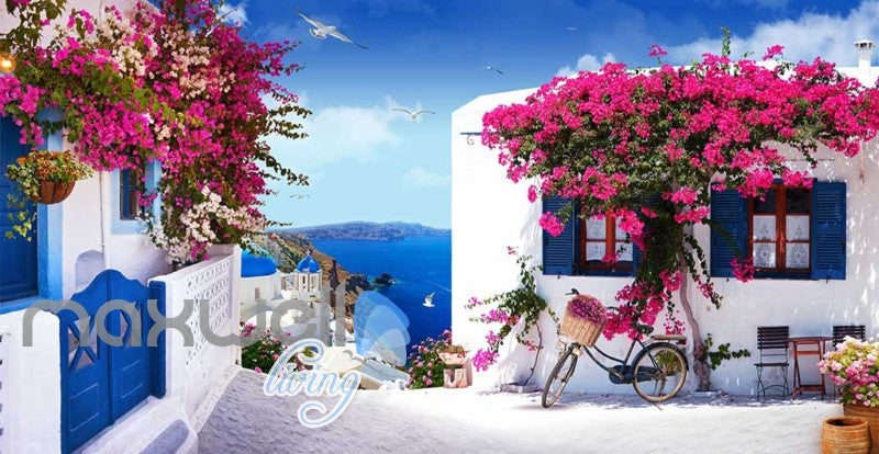 Seaside View With White Houses With Blue Doors And Windows Art Wall Murals Wallpaper Decals Prints Decor IDCWP-JB-000403