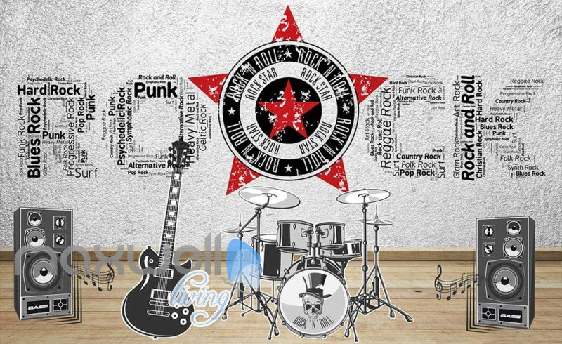 rock instruments with rock letters on wall Art Wall Murals Wallpaper Decals Prints Decor IDCWP-JB-000466