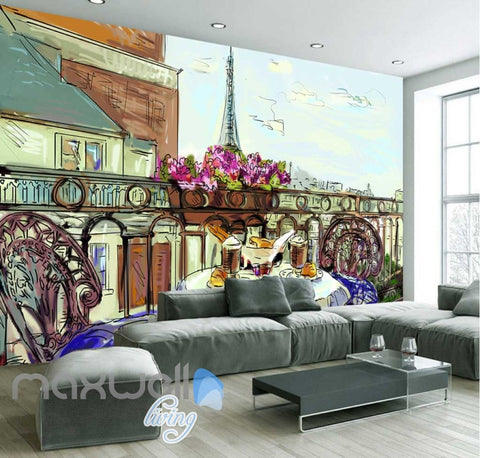 Image of wallpaper drawing of terrace with eiffel tower veiw Art Wall Murals Wallpaper Decals Prints Decor IDCWP-JB-000472