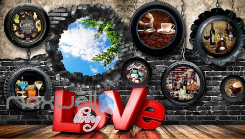 Image of 3d wallpaper with car wheels and hole on brick Art Wall Murals Wallpaper Decals Prints Decor IDCWP-JB-000478