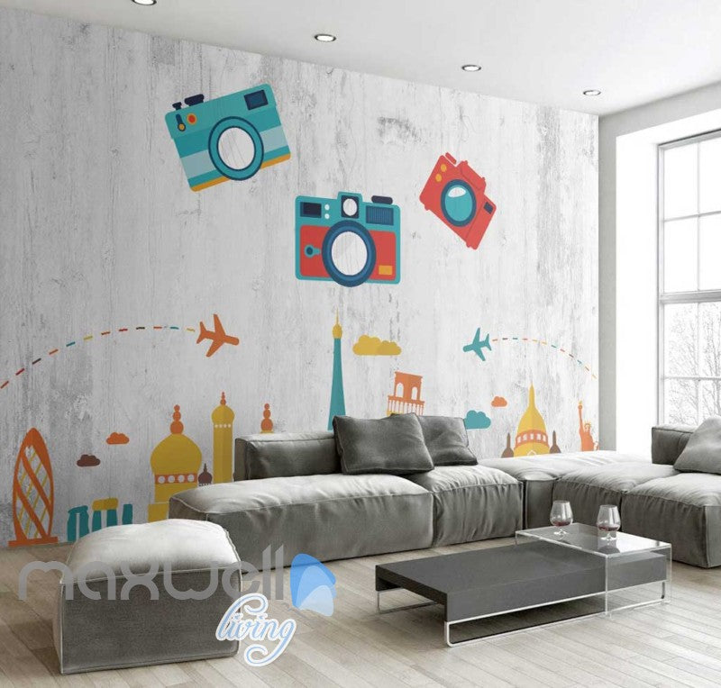 colourful graphic design with retro photo cameras with icon monuments of cities Art Wall Murals Wallpaper Decals Prints Decor IDCWP-JB-000479
