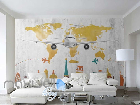 Image of colourful graphic design with airplane and icon monuments of cities Art Wall Murals Wallpaper Decals Prints Decor IDCWP-JB-000480