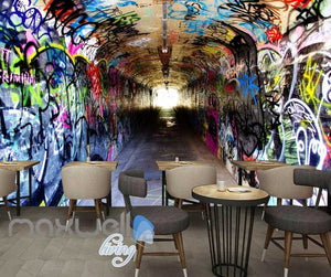 3d wallpaper of a dark tunnel with graffiti on walls Art Wall Murals Wallpaper Decals Prints Decor IDCWP-JB-000481