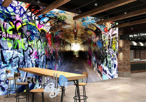 3d wallpaper of a dark tunnel with graffiti on walls Art Wall Murals Wallpaper Decals Prints Decor IDCWP-JB-000481