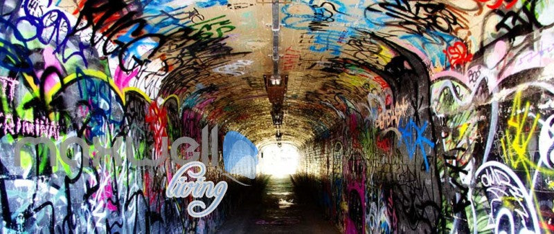 3d wallpaper of a dark tunnel with graffiti on walls Art Wall Murals Wallpaper Decals Prints Decor IDCWP-JB-000481