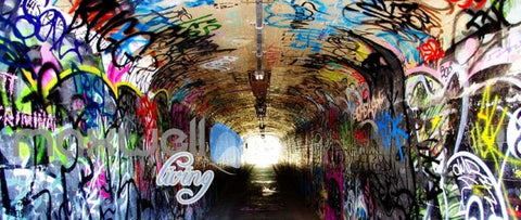 Image of 3d wallpaper of a dark tunnel with graffiti on walls Art Wall Murals Wallpaper Decals Prints Decor IDCWP-JB-000481
