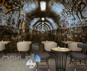 3d wallpaper of a dark tunnel with graffiti on walls Art Wall Murals Wallpaper Decals Prints Decor IDCWP-JB-000483