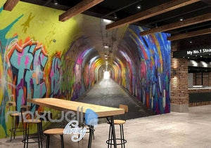 3d wallpaper of a dark tunnel with graffiti on walls Art Wall Murals Wallpaper Decals Prints Decor IDCWP-JB-000484