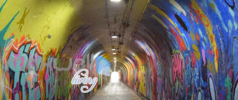 3d wallpaper of a dark tunnel with graffiti on walls Art Wall Murals Wallpaper Decals Prints Decor IDCWP-JB-000484