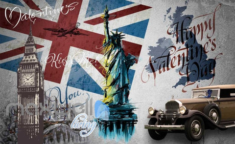 Image of wallpaper graphic design of london flag big ben and liberty statu Art Wall Murals Wallpaper Decals Prints Decor IDCWP-JB-000485