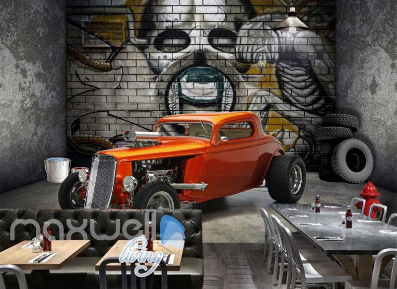 3d wallpaper of vintage orange car in a room with a design of alien on wall Art Wall Murals Wallpaper Decals Prints Decor IDCWP-JB-000492