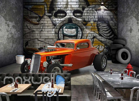 Image of 3d wallpaper of vintage orange car in a room with a design of alien on wall Art Wall Murals Wallpaper Decals Prints Decor IDCWP-JB-000492