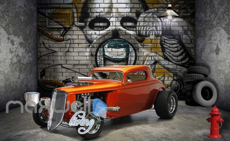 3d wallpaper of vintage orange car in a room with a design of alien on wall Art Wall Murals Wallpaper Decals Prints Decor IDCWP-JB-000492