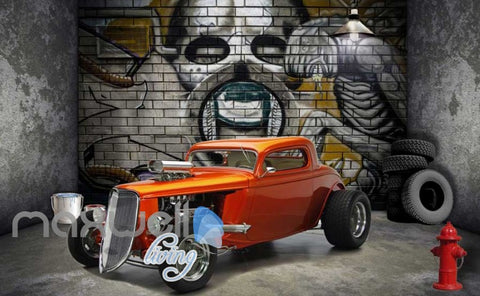 Image of 3d wallpaper of vintage orange car in a room with a design of alien on wall Art Wall Murals Wallpaper Decals Prints Decor IDCWP-JB-000492