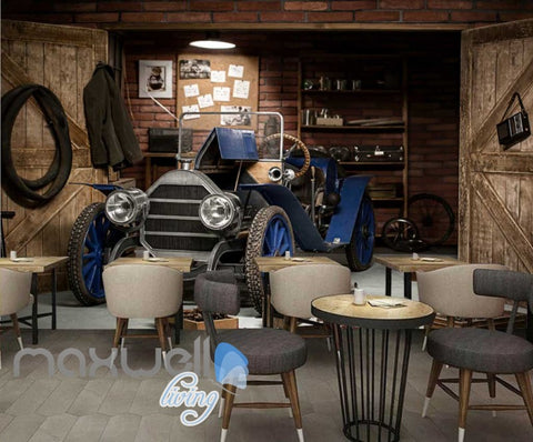 Image of 3d wallpaper of vintage blue car parked in garage Art Wall Murals Wallpaper Decals Prints Decor IDCWP-JB-000511