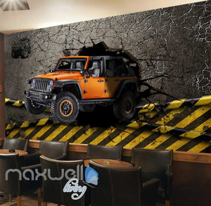 3d wallpaper orange jeep breaking wall Art Wall Murals Wallpaper Decals Prints Decor IDCWP-JB-000514