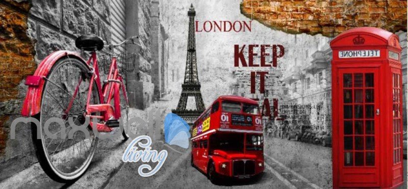 3d graphic design wallpaper with london icons and eiffel tower Art Wall Murals Wallpaper Decals Prints Decor IDCWP-JB-000530
