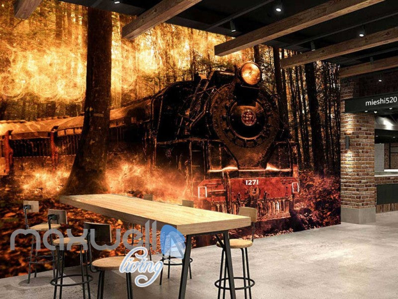 3d wallpaper train with flames in wood Art Wall Murals Wallpaper Decals Prints Decor IDCWP-JB-000541