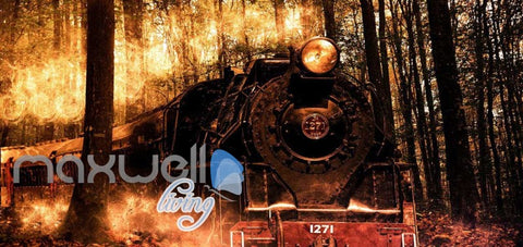 Image of 3d wallpaper train with flames in wood Art Wall Murals Wallpaper Decals Prints Decor IDCWP-JB-000541